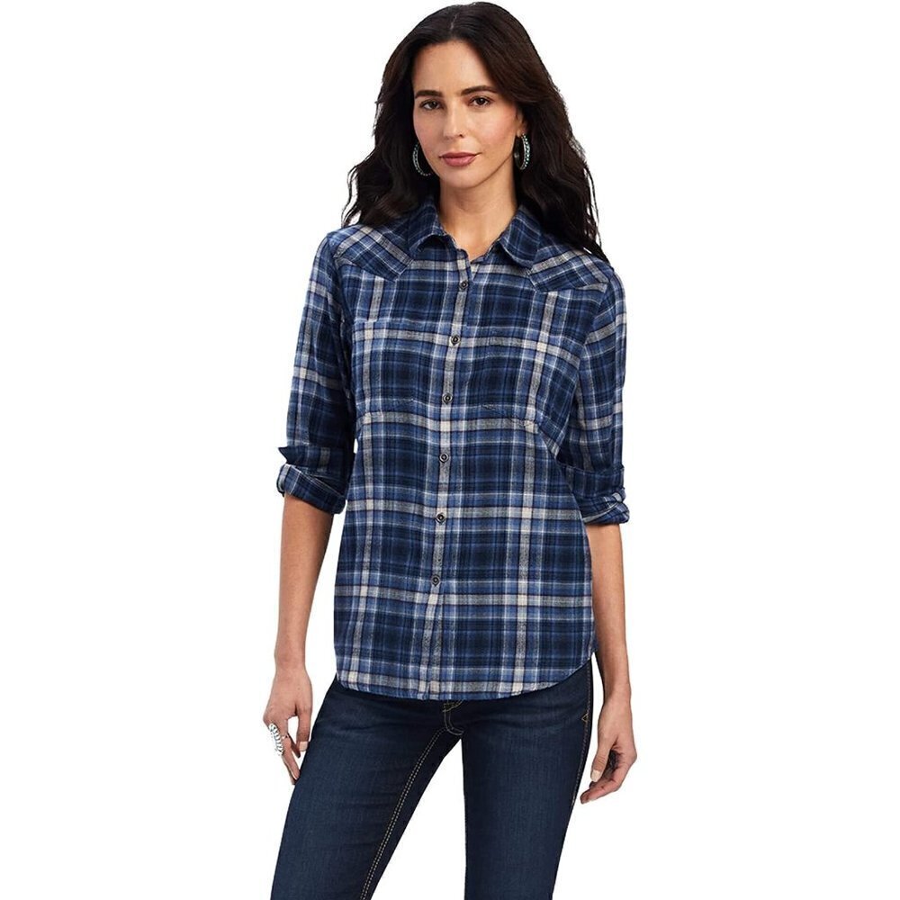 Ariat REAL Women's 2XL Long Sleeve Billie Jean Plaid Button Down Shirt - Blue